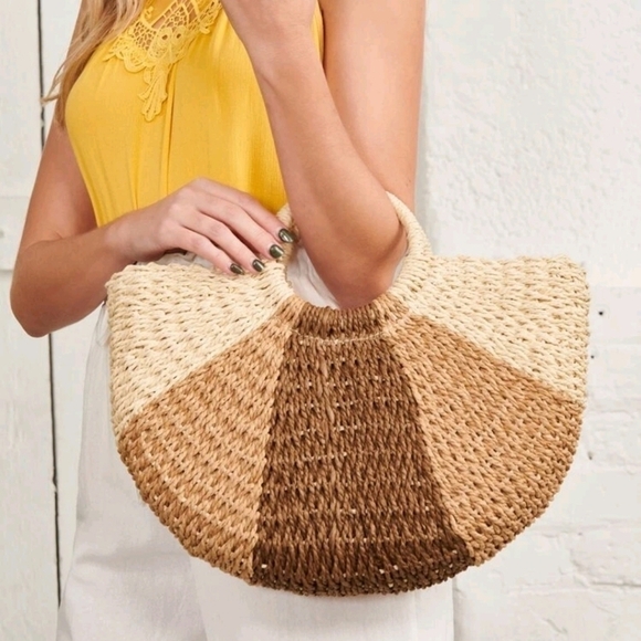 Color Block Top Ring Straw Bag - Picture 1 of 4